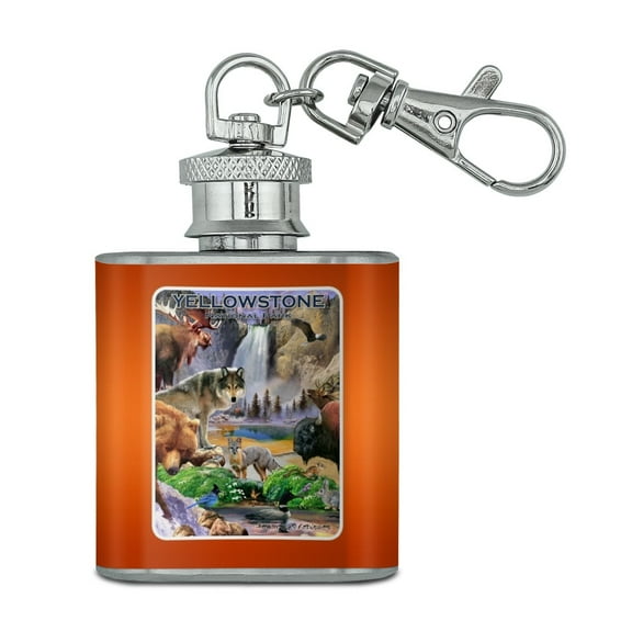 Yellowstone National Park Wyoming Montana Idaho Animals Wolf Bear Fox Bison Stainless Steel 1oz Mini Flask Key Chain