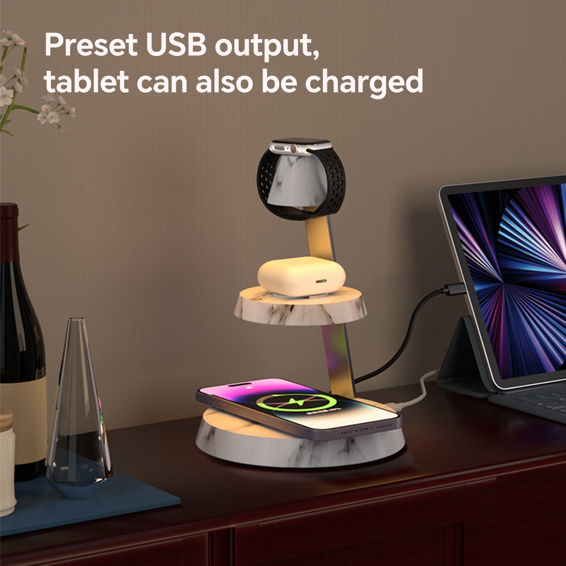 3-in-1 Magnetic Wireless Charger & Desk Lamp, 15W Fast Charging Station for Apple multi-device, Suitable for home bedroom and study