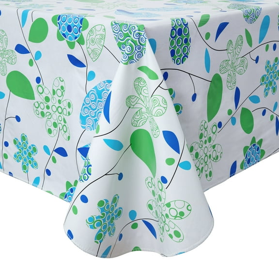 springrain Floral Pattern Tablecloth, Waterproof PVC Flannel Backed Table Cloth, Wipeable Plastic Table Cover for Kitchen and Outdoor, Blue & Green Floral Print