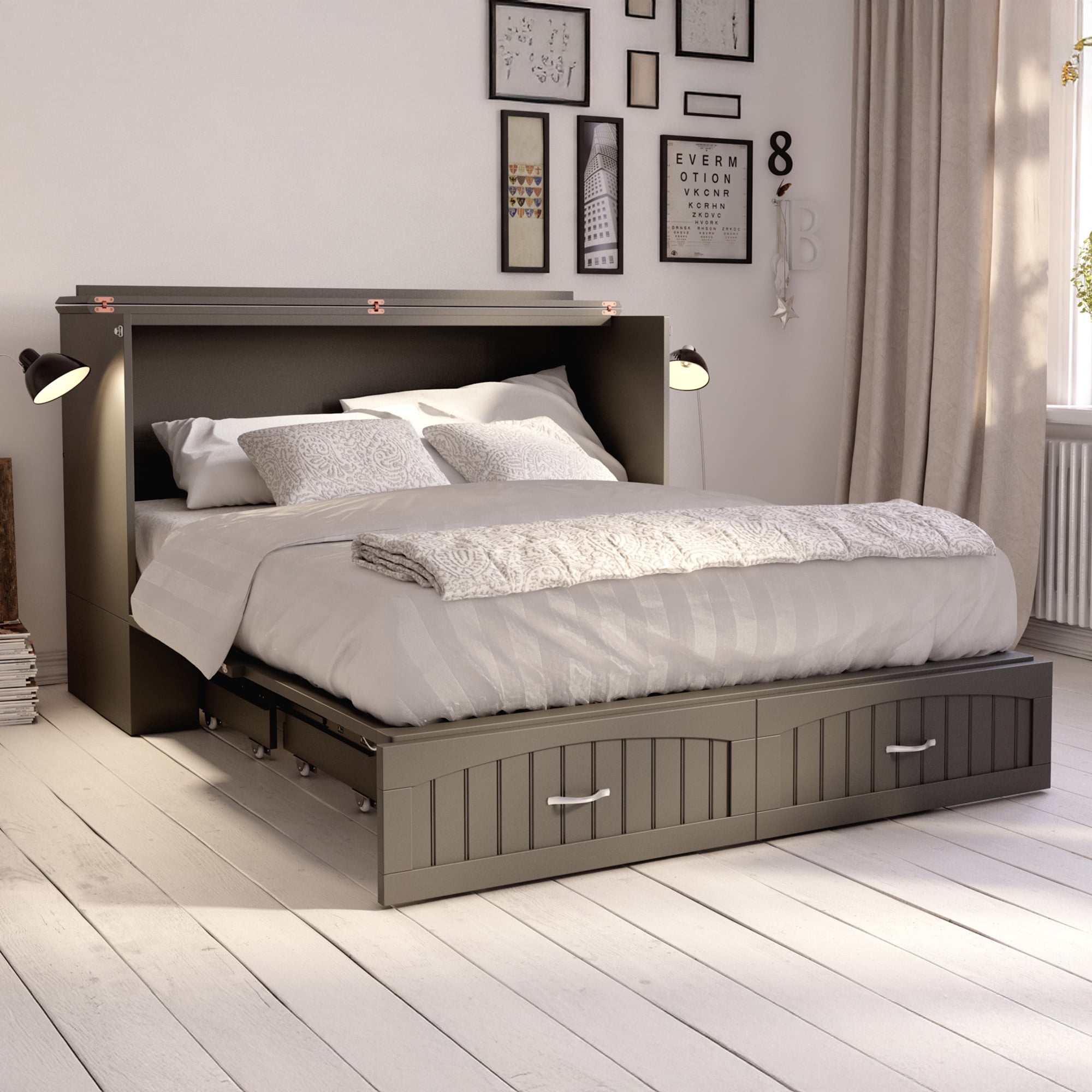 AFI Southampton Queen Solid Wood Murphy Bed Chest with Mattress, Drawer & Charger in Gray