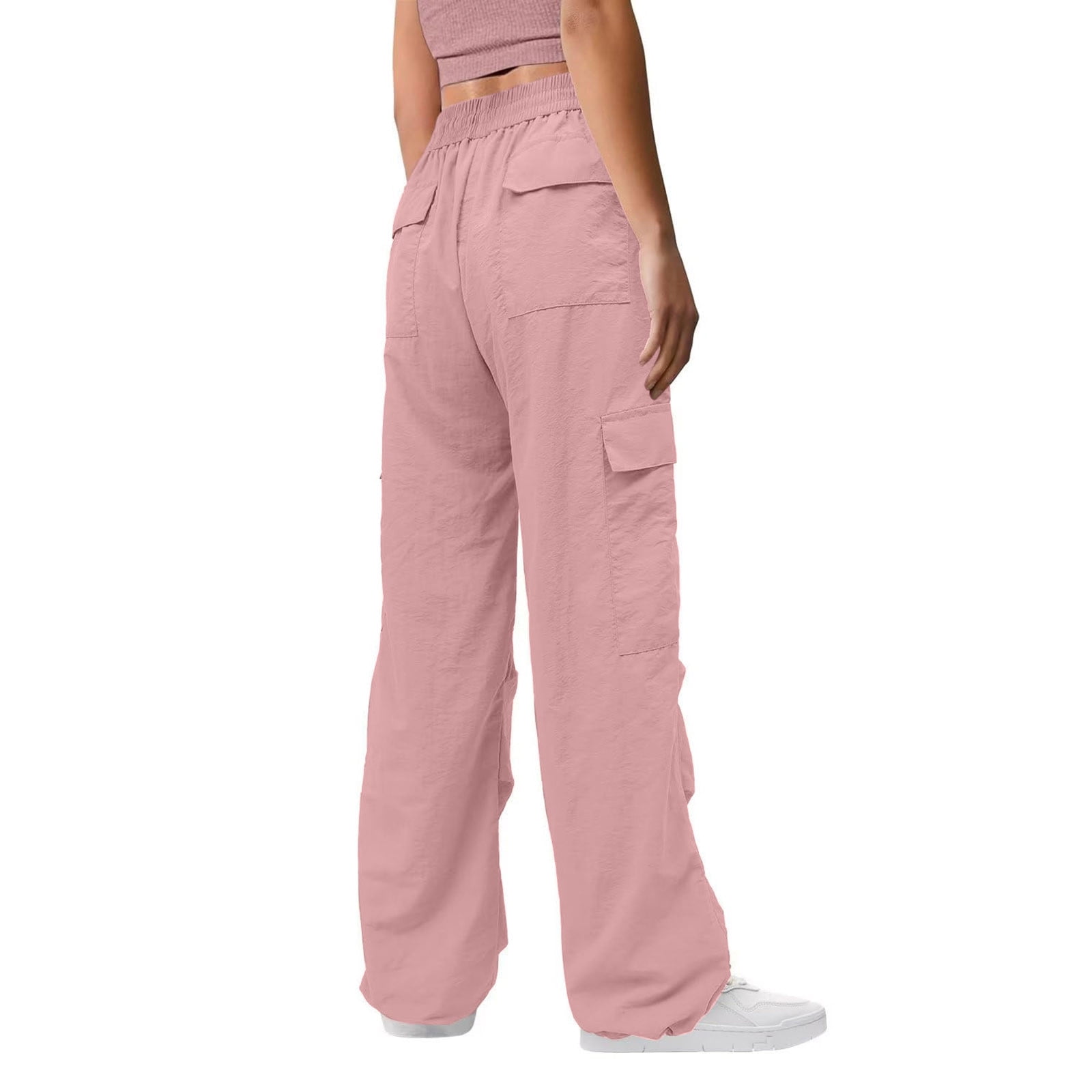 RYRJJ Parachute Pants for Women Baggy Cargo Pants Multi-Pocket Elastic Low Rise Y2K Pants Teen Girls Wide Leg Jogger Trousers Streetwear Pink S