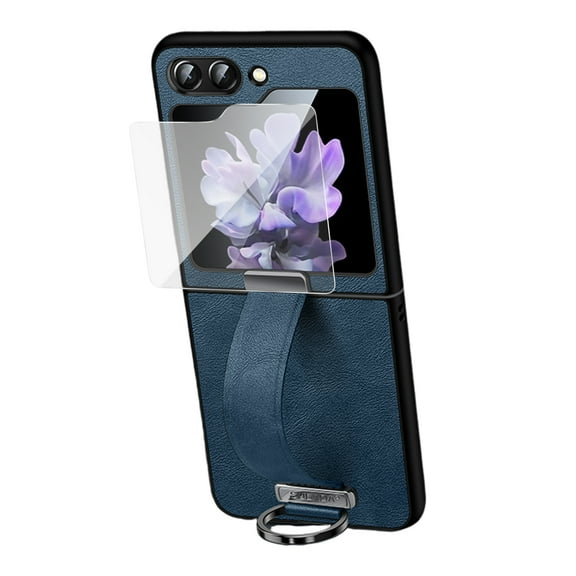 Dteck for Samsung Galaxy Z Flip 5 Case, Luxury Business PU Leather Wristband Stand Protective Case with Screen Protector for Samsung Galaxy Z Flip 5 5G,Blue