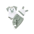 thumbnail image 1 of Honganda Ensemble de 3 Pcs pour Bébé, Imprimé Rabbit Col Rond Manches Courtes Combinaison+ Pantalon Long Contrasté+ Chapeau, 0-18 Mois, 1 of 9