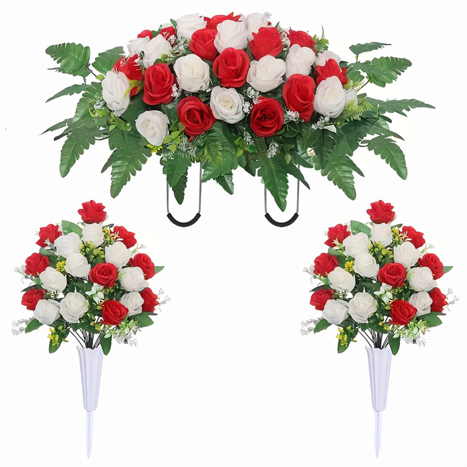 3PCS/Set Cemetery Memorial Flowers, Artificial Rose Bouquet Flower Saddles for Grave Tombstone Decorations,for Outdoor Headstone Vase Decor, Cemetery Flowers for Long-Lasting Remembrance