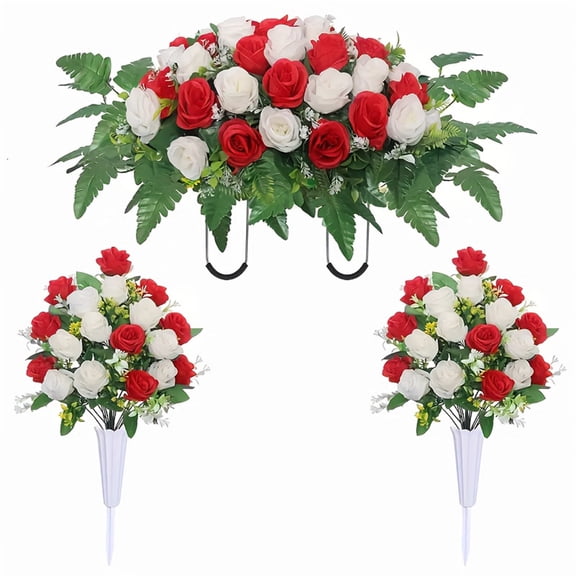 VMWMSSR Artificial Cemetery Saddle Flower Arrangement, Realistic Rose Memorial Grave Decor Bouquet, Long Lasting Outdoor Tombstone Floral Ornament For Cemetery Grave(Red-25.59")