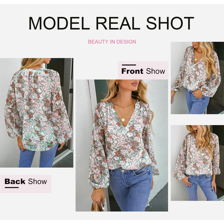 Astylish Boho Tops for Women Casual Spring Floral Print Chiffon Shirts V  Neck Long Sleeve Blouses Size XL
