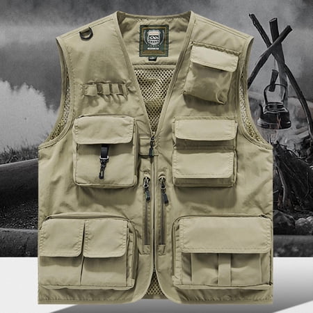HBYJLZYG Multi Pocket Utility Vest for Men Fishing Gilet Sleeveless Zip Up Outdoor Workwear Jacket Breathable Nylon Top for Hiking Blouses & Tops
