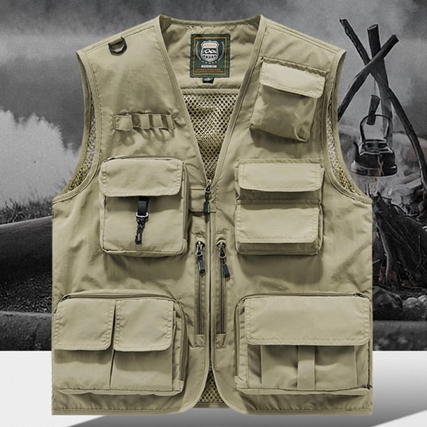 Ceisia Men's Loose Fit Outdoor Utility Vest Multi-Pocket Breathable Mesh Lining V-Neck Fishing Hiking Volunteer Waistcoat Gifts Khaki S