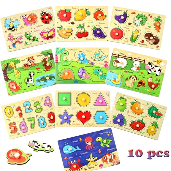 10-Piece Wooden Peg Jigsaw Puzzle for Kids Learning Puzzles Wooden Toys with Alphabets Numbers Animals Vehicles Shapes