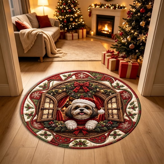 Christmas Quilted Round Area Rug, 23.62 Inch Shih Tzu Dog Themed Floor Mat with Crystal Velvet, Winter Holiday Decoration for Living Room Bedroom