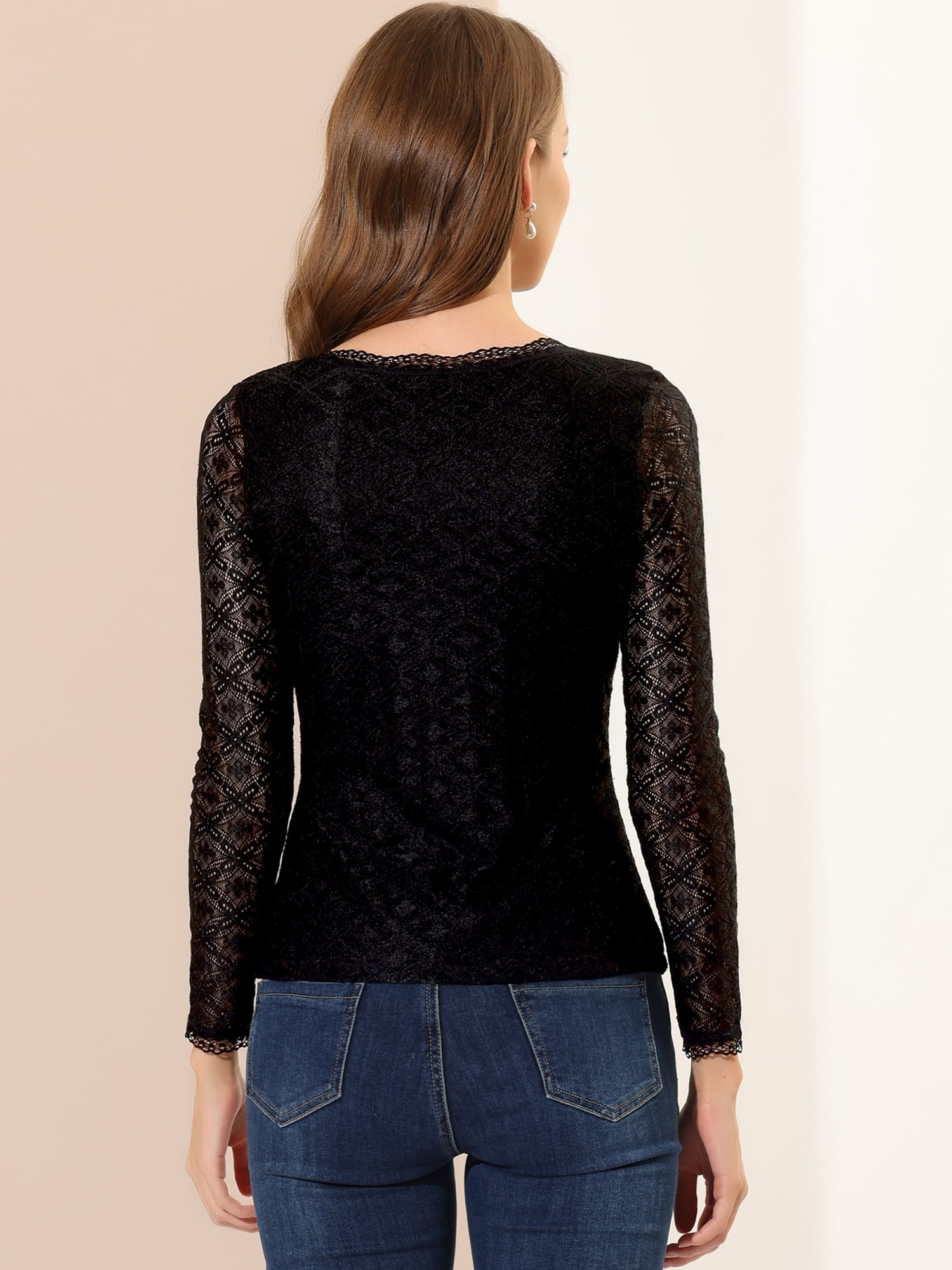 DARING DIVA Sheers Flower Embroidery Lace Top S Black