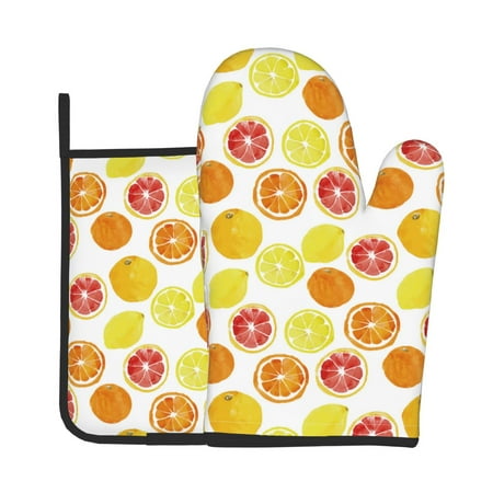

Tebeau Lemon Orange Print Oven Mitts and Pan Racks 2-Piece Set Kitchen Oven Mitts and Pan Racks Heat Resistant 500 °F for Baking and Cooking
