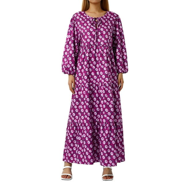 Kmbangi Robe Longue pour Femmes à Imprimé Géométrique, Col en V, Manches Longues Bouffantes, Coupe Ample, Robe Mode pour le Printemps et l'Été