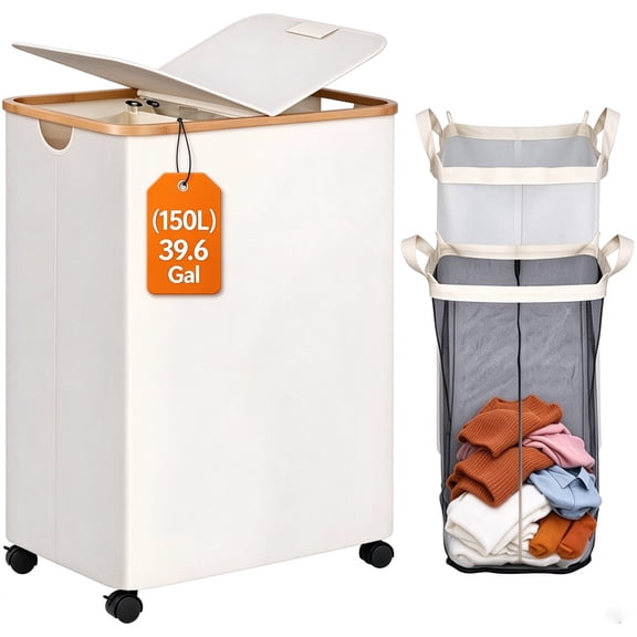 Naeqieo Laundry Hamper with Wheels, 160L Large Capacity, Divided Laundry Hamper with 2 Removable Bags for Bedroom, Bathroom, Dorm & College