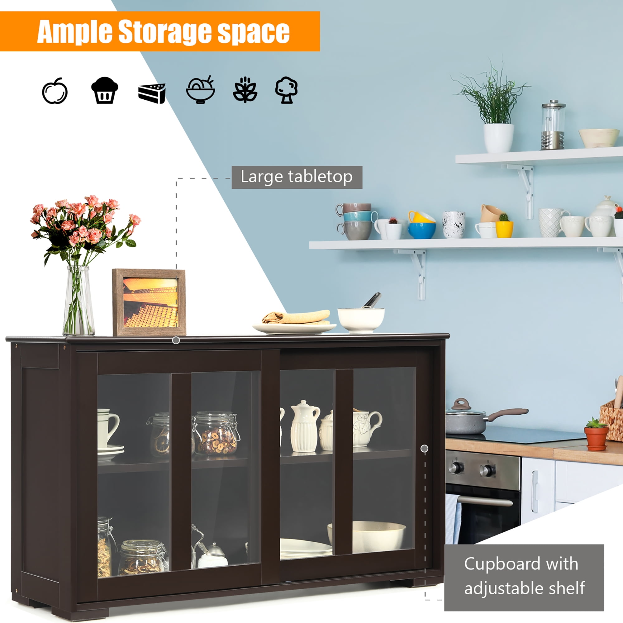 Costway Kitchen Storage Cabinet Sideboard Buffet Cupboard w/ Sliding Door Brown