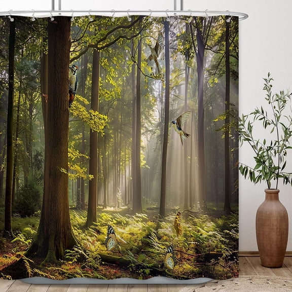 Forest Shower Curtain, Nature Tree Outdoor Scenic Bathroom Decor, Cloth Fabric Bathroom Decor Set with Hooks-72"W x 96"L (Pack of 1)