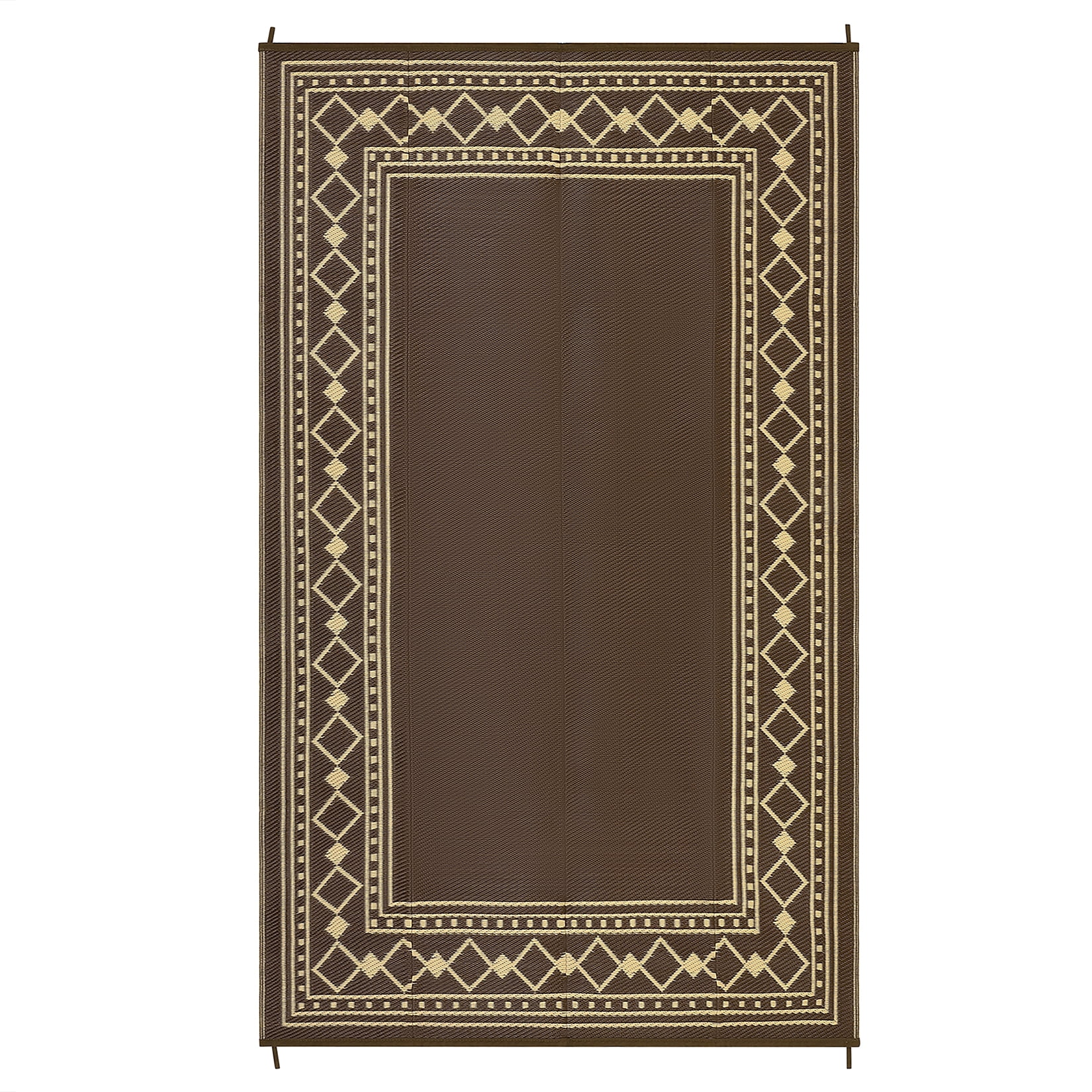GlowSol 9'x18' Outdoor Rug Modern Bordered Plastic Straw Rug Waterproof Reversible Mat Outdoor Foldable Rug for Camping Patio Picnic, Brown Coffee