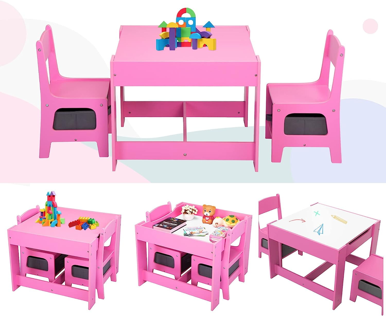 IMMERE 3in1 Kids Wood Table and 2 Chairs, Children Activity Table Set