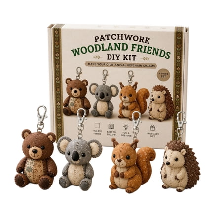 Patchwork Animal Keychain DIY Kit Beginner Sewing Craft Starter Set with Pre-Cut Fabrics & Keyrings Cute Cartoon Plush Hanging for Craft Enthusiasts Adults Teens 9.84 Inch (Whimsy Animals)