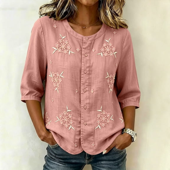 Cotton Linen T Shirts for Women Elbow Length Sleeve Tops Womens Button Down Crew Neck Summer Fall Tshirts