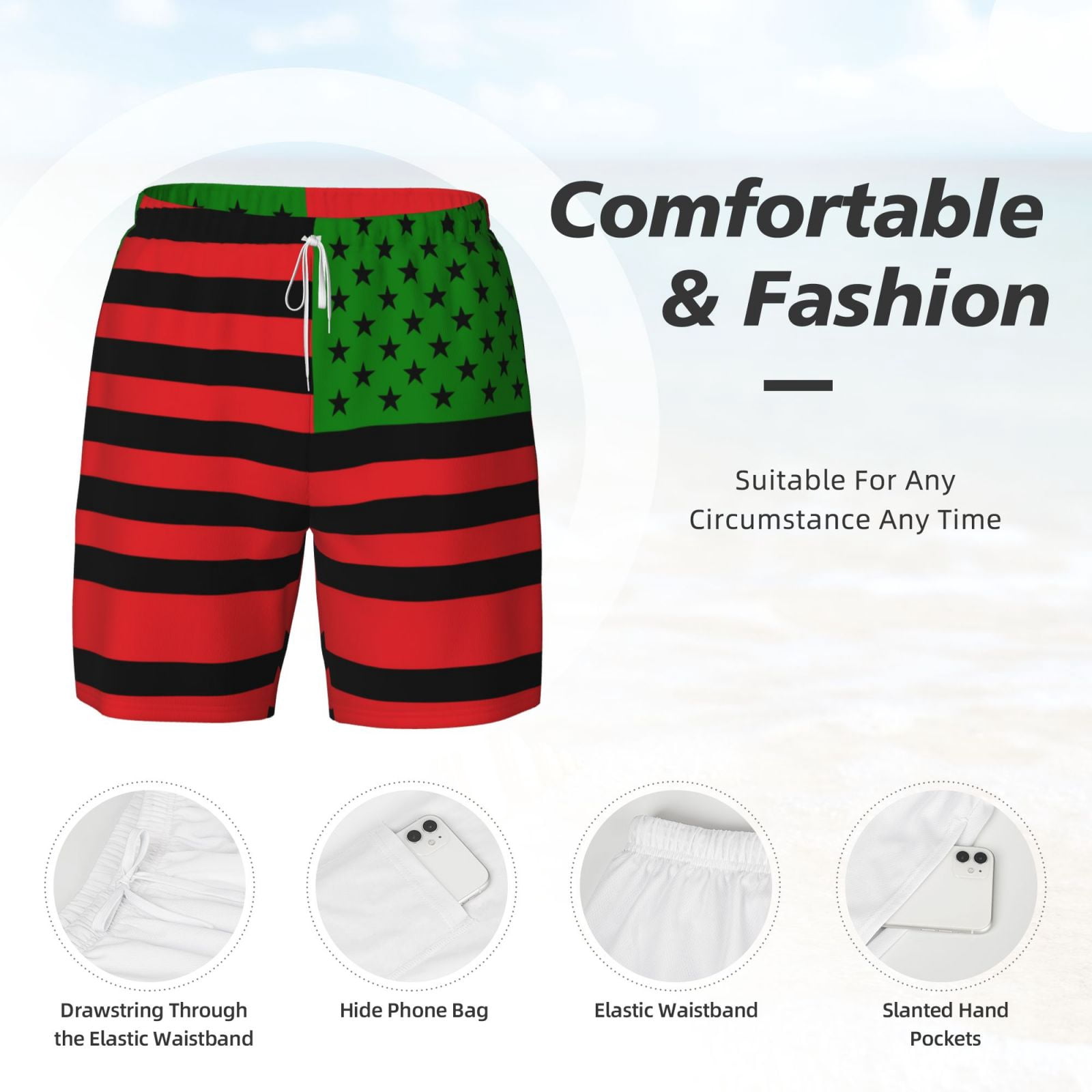 Men's America Flag - Red Black And Green Swim Trunks with Compression Liner Bathing Suit Swimwear