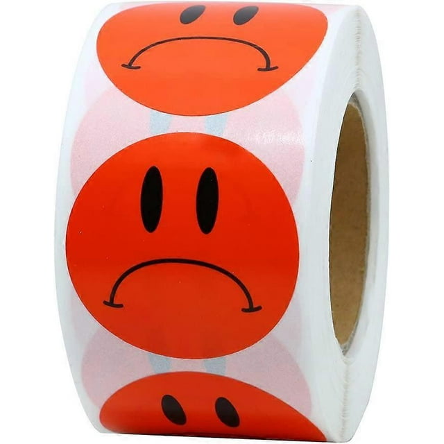 Red Sad Face Frowned Unhappy Stickers 1.5" Round 500 Total Per Roll