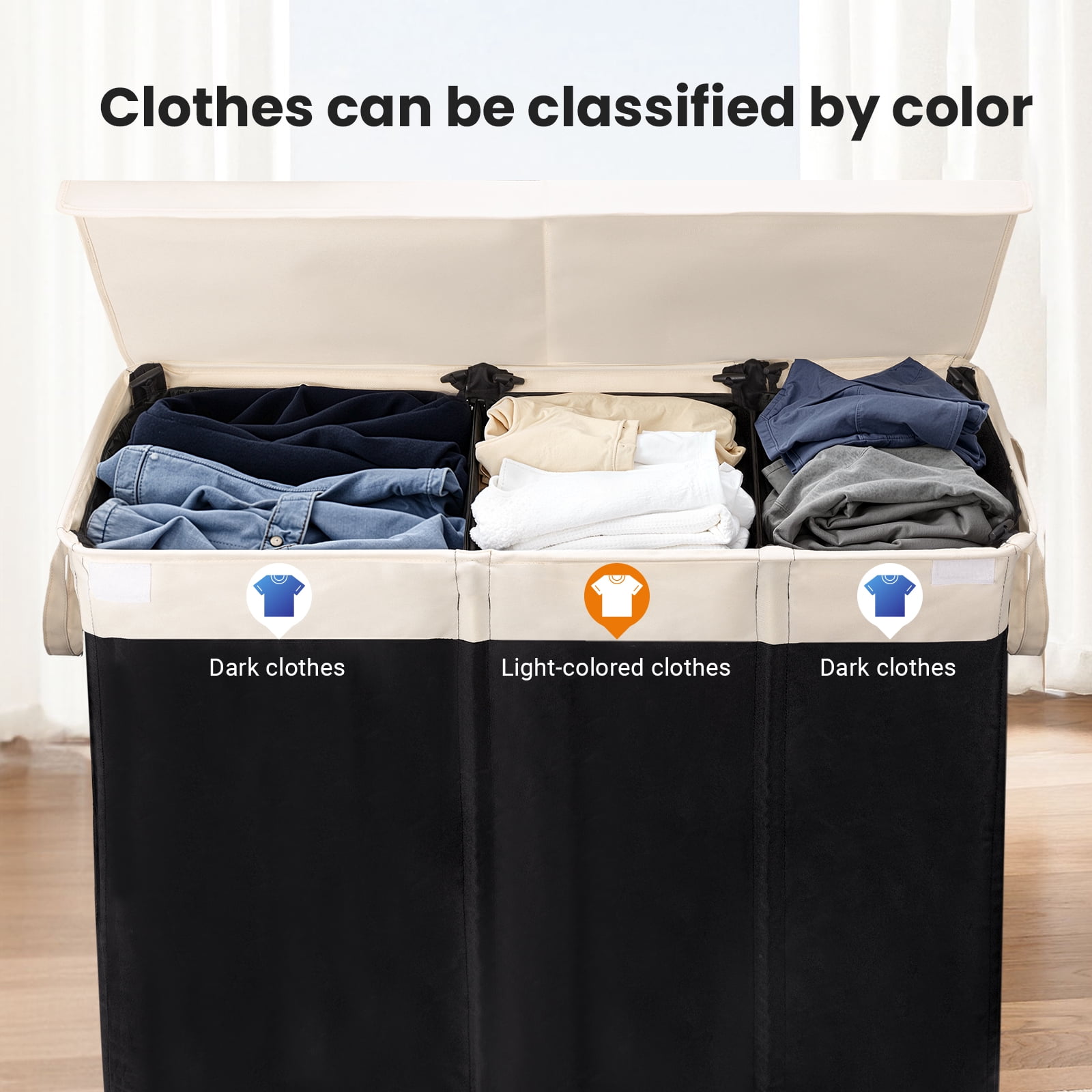 Large Laundry Hamper with Lid, 3-Bin Laundry Baskets with Removable Bags,190L
