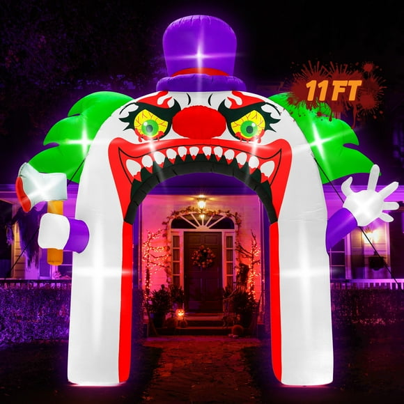 11FT Halloween Inflatables Outdoor, Giant Halloween Clown Archway Inflatables Holding Axe, Blow Up Halloween Inflatables with LED Lights, Halloween Arch Inflatables Decor for Yard Lawn