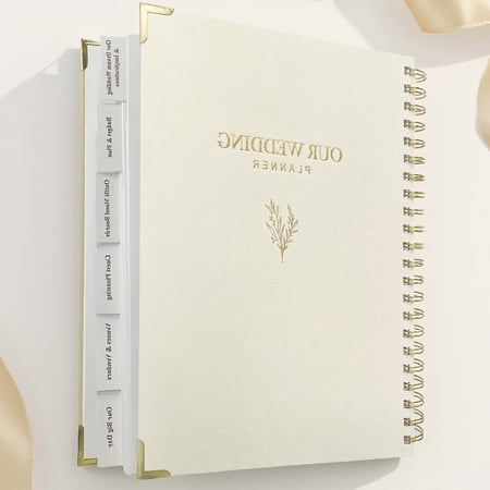 1 Wedding Planner Book and Organizer, Linen Cover with Gold Accents, 152 Pages, 6 Tabbed Sections, Pockets & Calendar, Cream