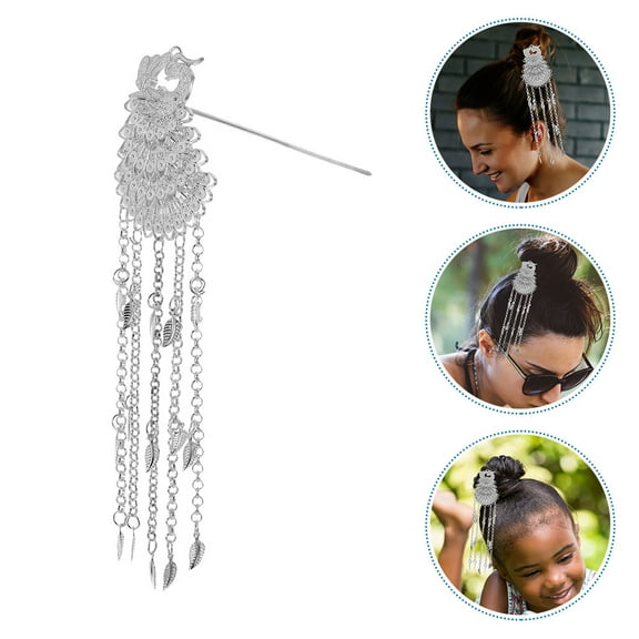 ELAYARD 2Pcs Peacock Chain Hair Stick Silver Hair Bun Accessories with Vintage Charm and Versatile Use