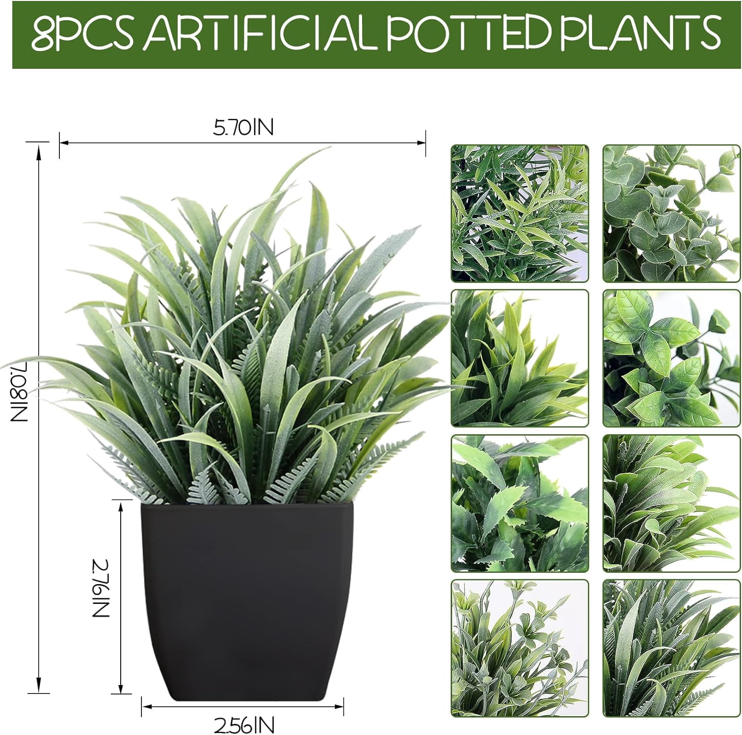 Artificial Plants Mini Fake Potted Plants, 8 pcs Small Eucalyptus Potted Faux Decorative Grass Plant with White Pot for Home Decor, Indoor, Office, Desk, Shelf, Table Decoration
