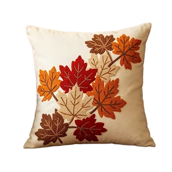 Fall Maple Leaf Embroidered Throw Pillow Cover, Beige Polyester Thanksgiving Cushion Case, Autumn Seasonal Decorative Pillow Shell for Sofa Couch Bedroom Living Room Home Decoration