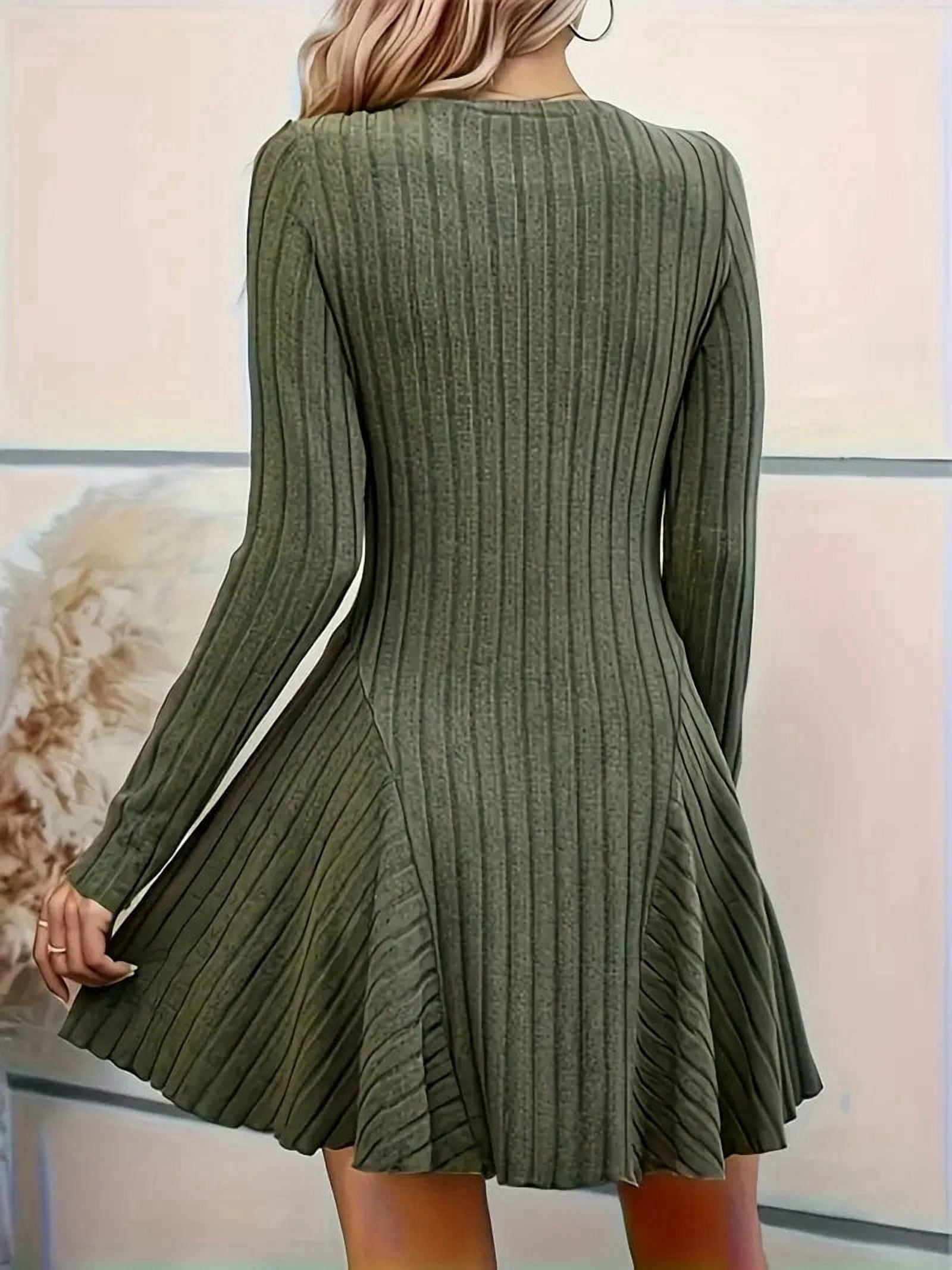 Women Long Sleeve Ribbed Knit Short Dresses Fall Winter V Neck Casual Swing A Line Sweater Dress Green M