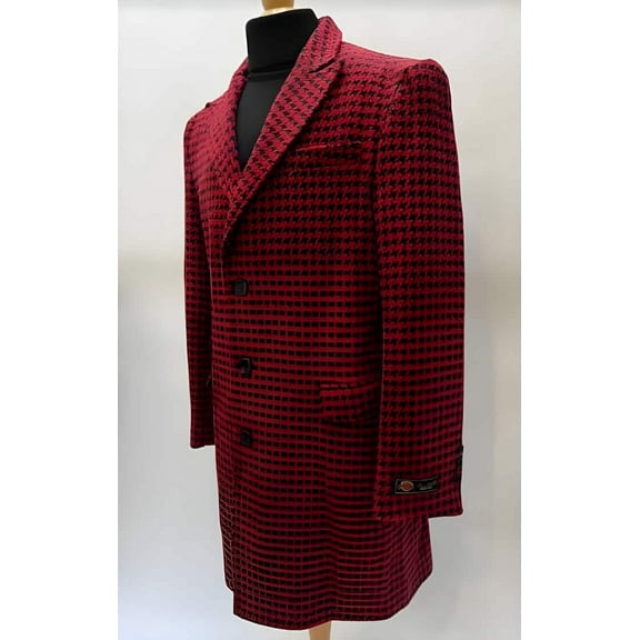Mens Plaid Overcoat - Hounstooth Checker Pattern Red Topcoat