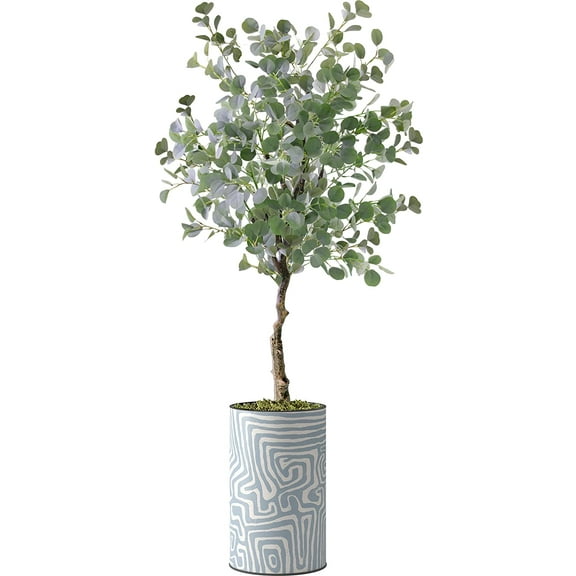 Artificial Tree in Contemporary Geometric Pattern Planter, Fake Eucalyptus Silk Tree for Indoor and Outdoor Home Decoration - 57" Overall Tall (Plant Pot Plus Tree)