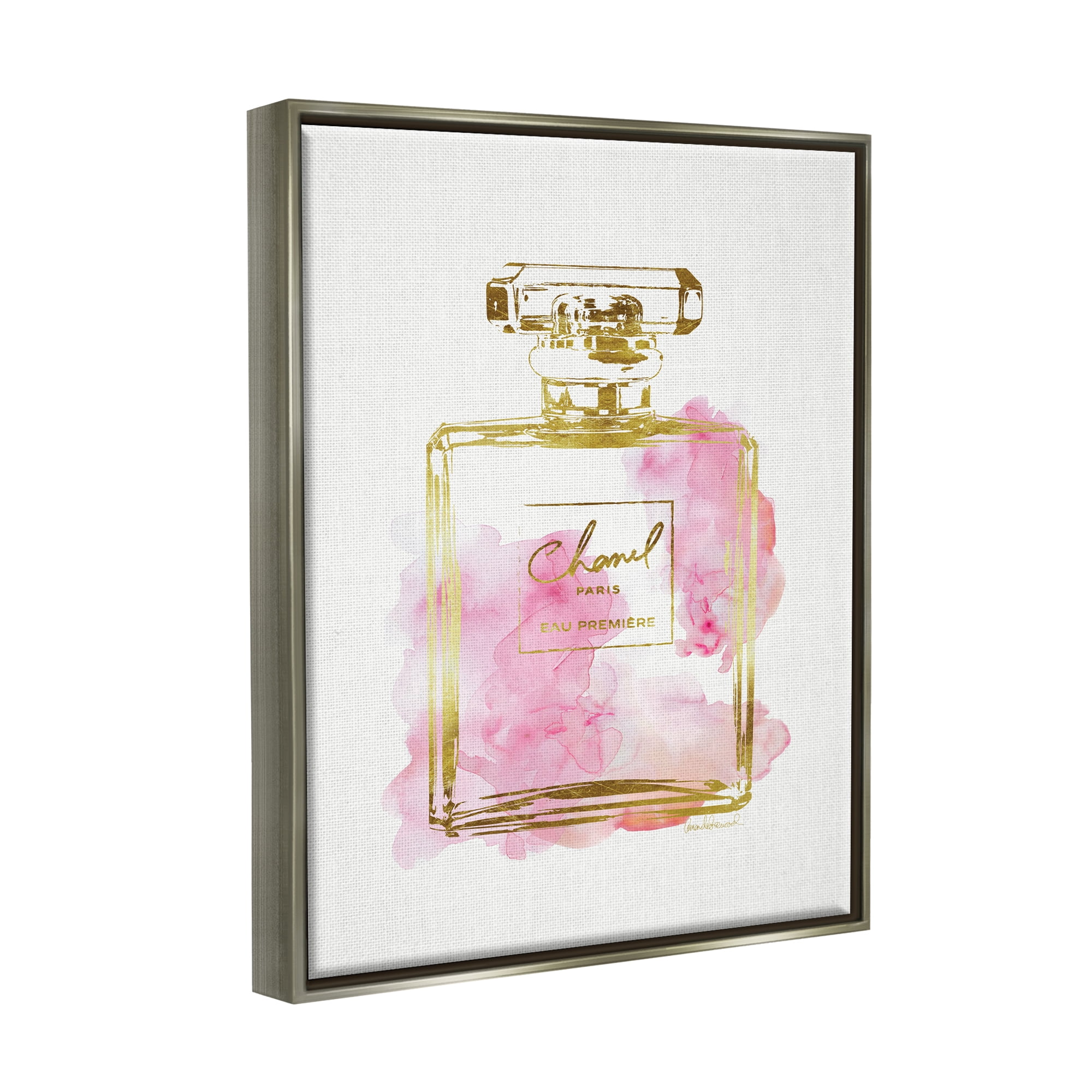 Stupell Industries Glam Perfume Bottle Gold Pink Luster Gray Framed Floating Canvas Wall Art, 24x30, by Amanda Greenwood