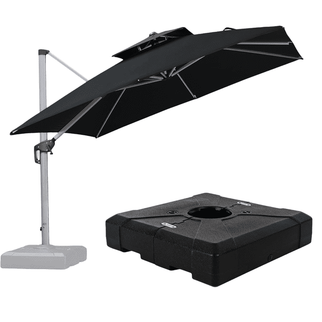 PURPLE LEAF Parasol de Patio Carré de Luxe 10 Pi avec Base, Grand Parasol Déporté à Mât Décentré avec Rotation à 360°, Noir