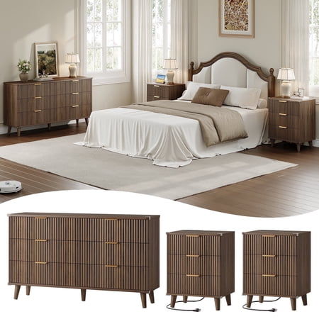 Aufeile 3 Piece Dresser and Nightstand Set for Bedroom, Boho 6 Drawer Dresser & Nightstands Set of 2 with 3 Drawers & USB Charging, Fluted Wood Storage Cabine, Modern Bedroom Furniture Set, Walnut