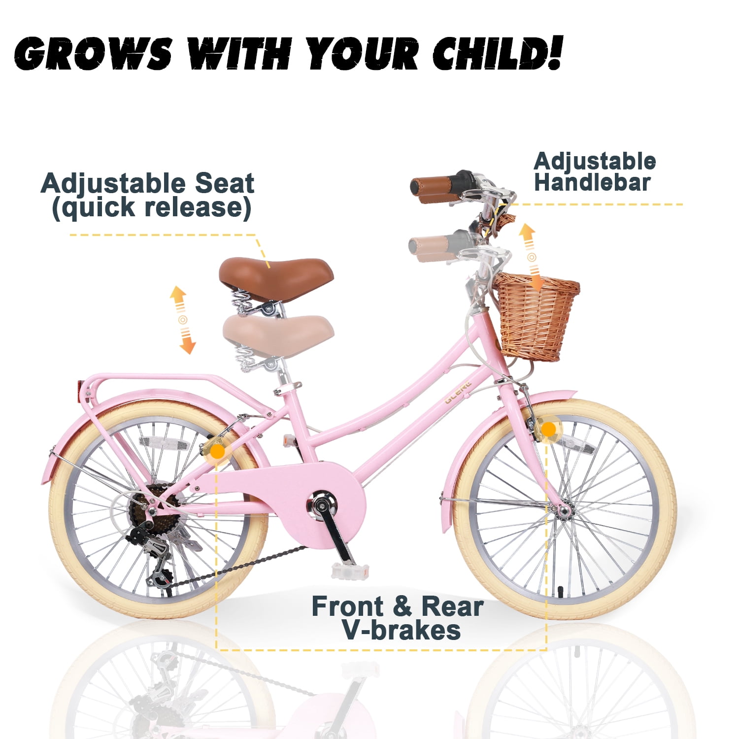 Glerc, Girl Cruiser Kids Bike 20 Inch, Pink, Shimano 6-Speed
