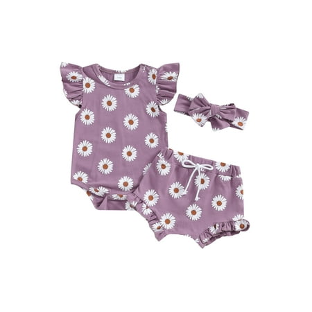 

Baby Girl 3 Piece Clothes Daisy Print Romper and Shorts Headband Set