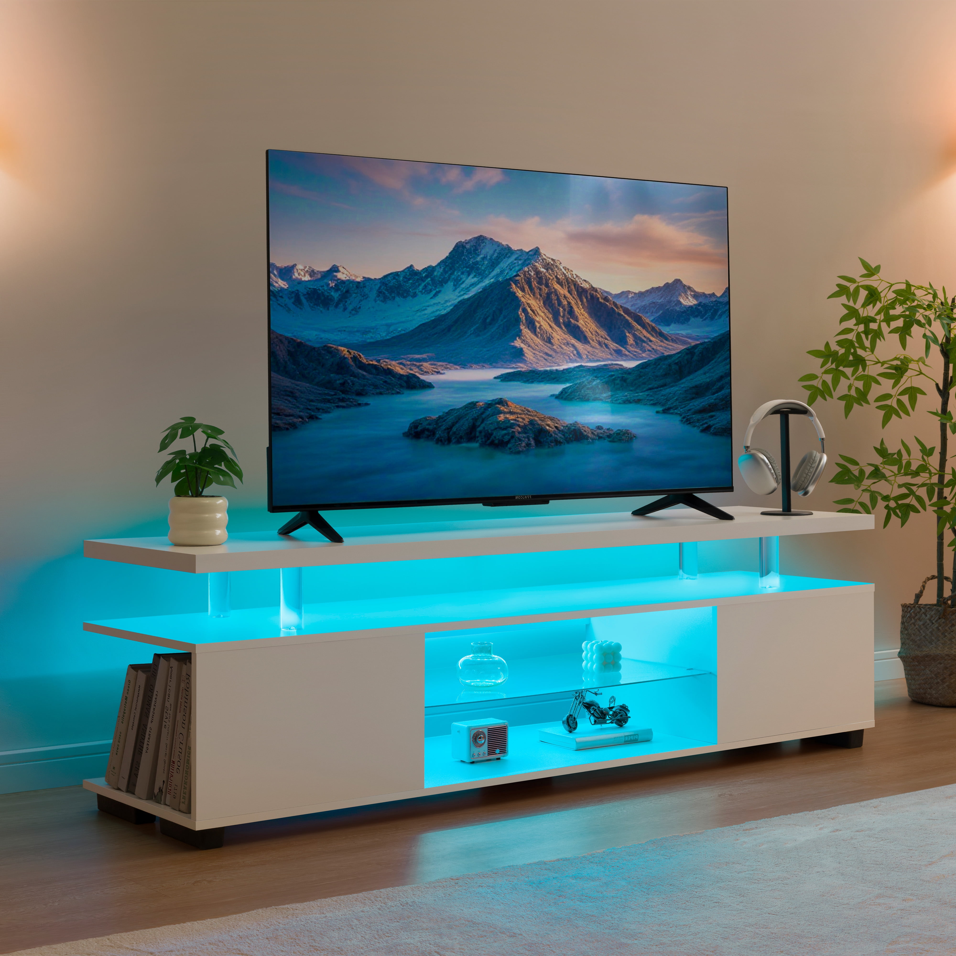 Cubehom LED TV Stand for 60 inch TV,  51'' Wood Entertainment Center with Storage, White