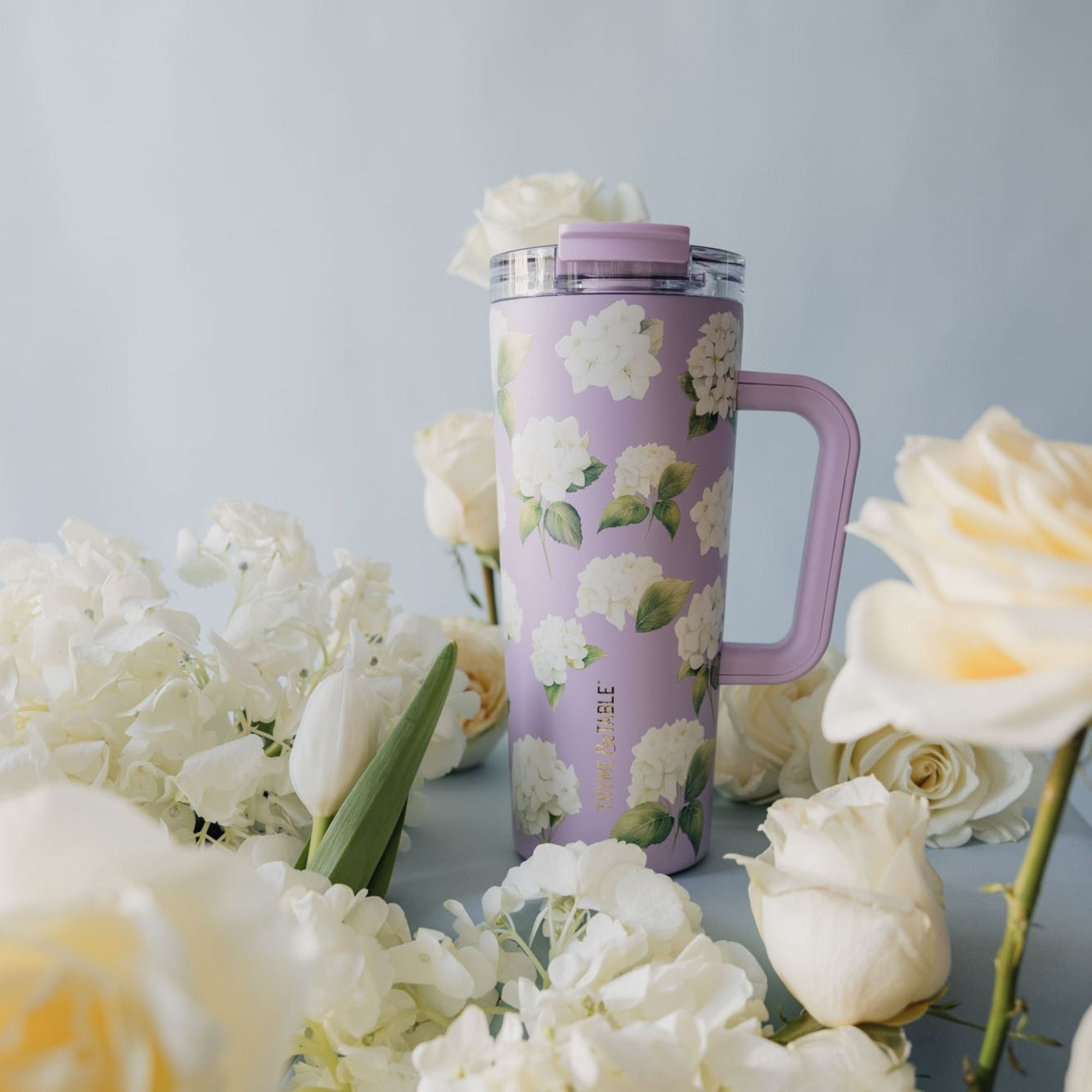 Thyme & Table 24oz Stainless Steel Luna Tumbler with Handle and Dual Straw Lid, Hydrangeas