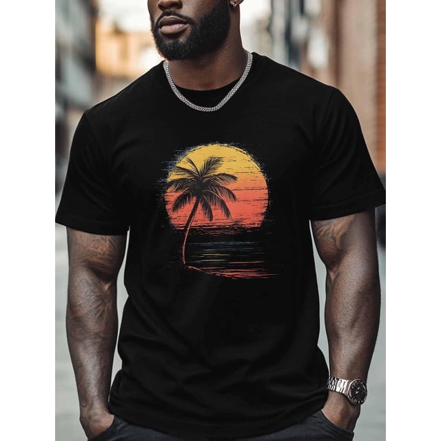 Camiseta de hombre con estampado de palmeras al atardecer, de algodón, cuello redondo, manga corta, básica