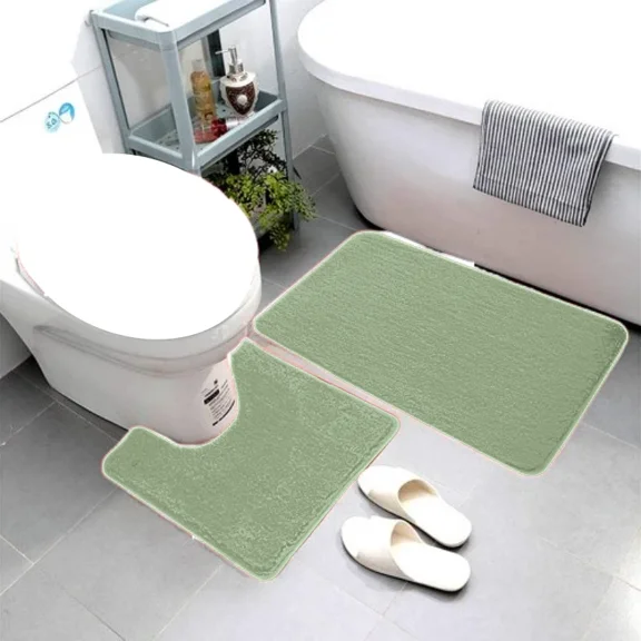Gorgeous Home Linen 2-Piece Green Sage Solid Print Polyester Bath Mats with Non-Slip Backing