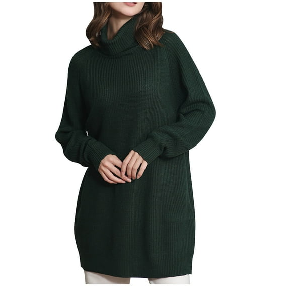 UTSJKR Womens Sweater Dress Long Sleeve Sundress 2024 Fashion Classic Solid Funnel Neck Dress Ribbed Knited Pullover Jumper Sweaters Dress Green S