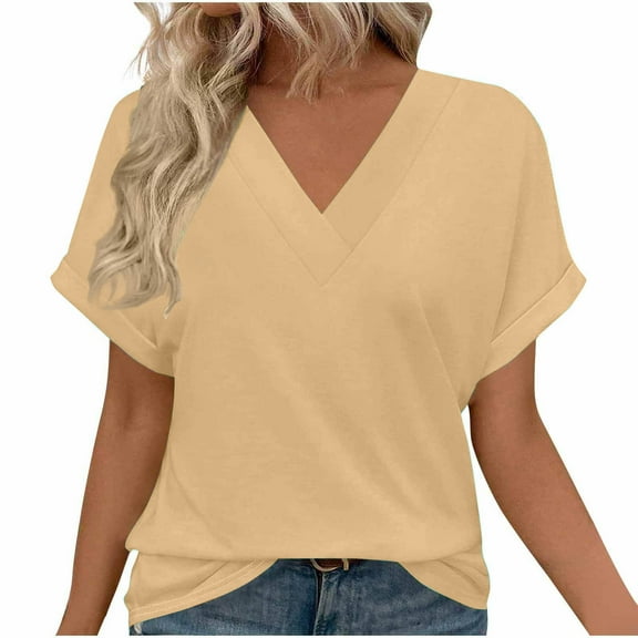 TKLPEHG Summer Short Sleeve Tunic Tops for Women V-Neck Tunic Shirts Casual Classic Solid Color Tshirt Loose Fitted Basic Tops Summer Blouses (Khaki,XXL)