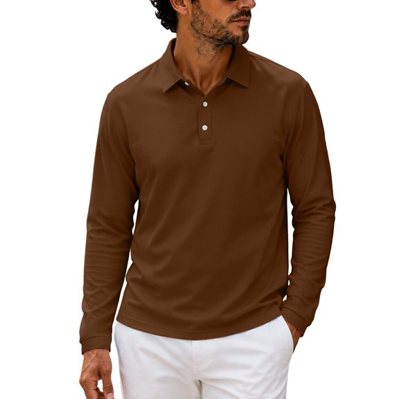 Kukoosong Men's Long Sleeve Polo Shirts, Classic Collar 3 Button Golf Pullover Tops, Solid Color Casual Business Athletic Shirts