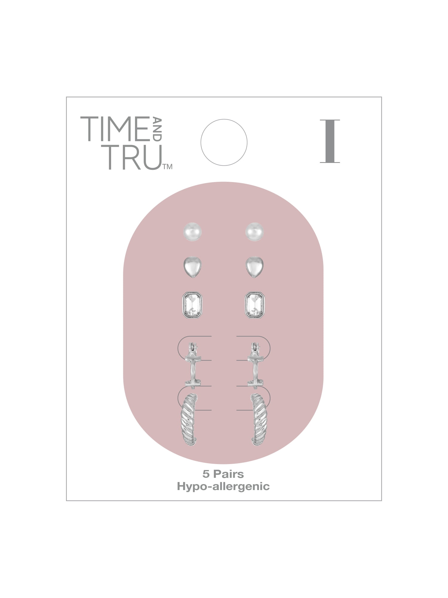 Time and Tru Silvertone Multi Earring Set, 5 Pairs, Initial I