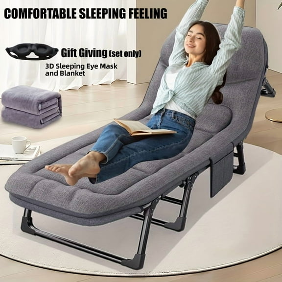 6-Speed Adjustable Sleeping Bed | Folding Camping Bed with Mattress & Pillow | Breathable Fabric with Free Blanket & Eye Mask | Portable for Outdoor, Office & Home Use