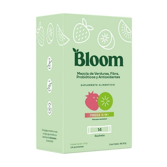 Suplemento alimenticio Bloom Greens Sachet Fresa Kiwi Caja con 14 sobres de 5.77 g c/u